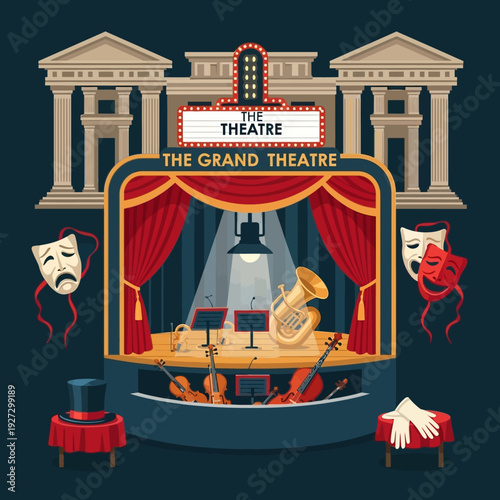 Theatre Stage with Musical Instruments and Masks