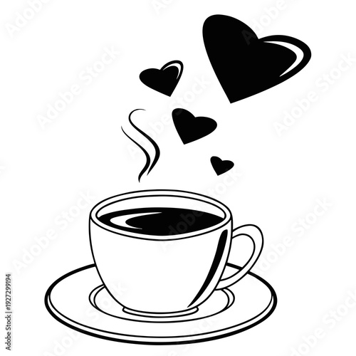 Black and White Vector Illustration of a Hot Coffee Cup with Hearts Floating Upward