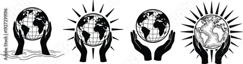 Hands holding globe silhouette collection, global protection environmental sustainability and world care responsibility concept illustration