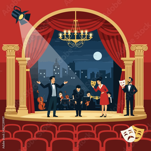 Theater performance with actors on stage at night