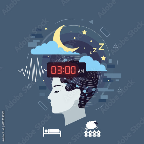 Person sleeping with clock and moon above