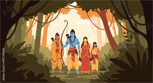 Lord Rama, Sita, Lakshman, and Hanuman, revered figures from the Hindu epic Ramayana, depicted in a stylized forest setting.