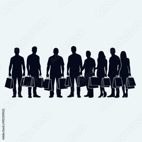 People carrying bags in a line, silhouette illustration