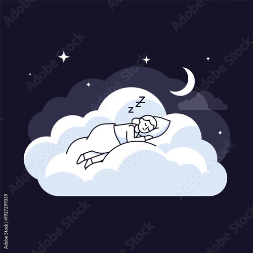 Person sleeping on cloud at night under moon and stars