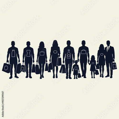 Family of seven shopping together with bags and children in tow