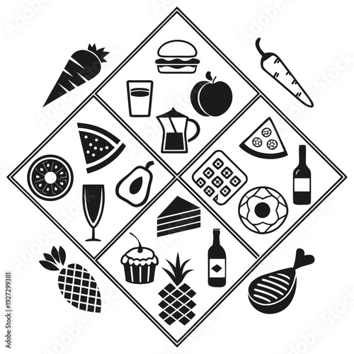 A variety of food and drink items are displayed Vector