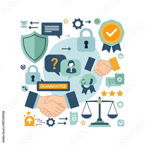 Handshake surrounded by security and trust icons