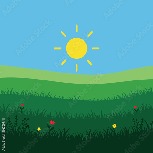 Sun shining brightly over a green field with flowers