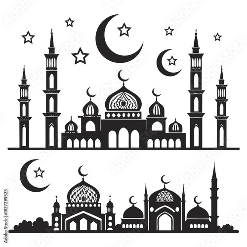 A black and white image of mosques and crescent moons Vector