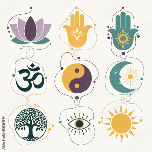 Spiritual symbols illustration showcasing diverse faiths and beliefs in a serene setting.