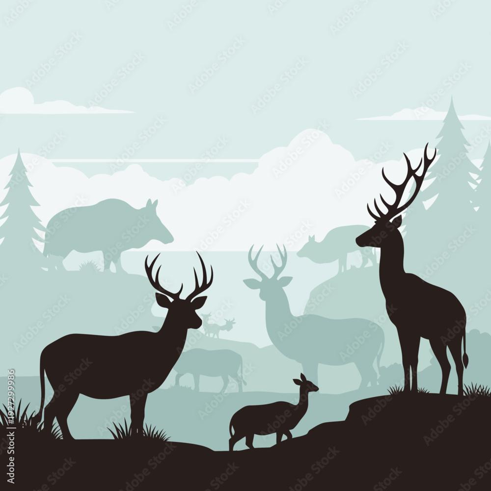 Naklejka premium Deer silhouetted against a serene forest landscape with wildlife
