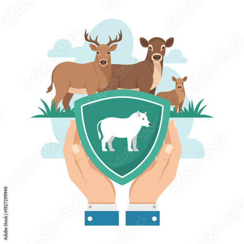 Hands holding shield with animals and protection symbol