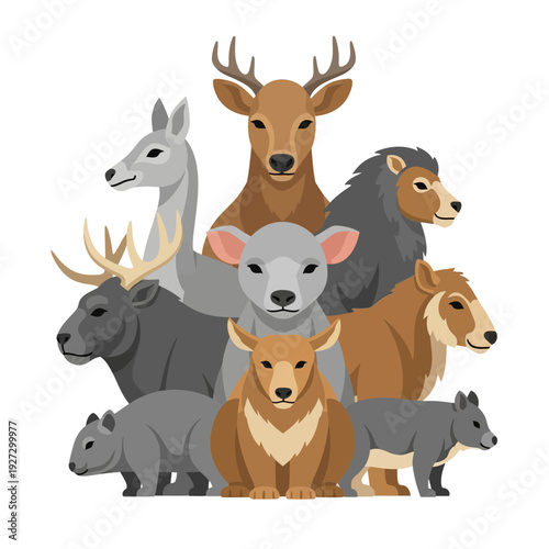 Diverse animal species gathered together in a wildlife illustration