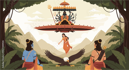 A captivating illustration depicting a scene from the Ramayana, showcasing Lord Rama and Lakshmana, the abduction of Sita, and the mythical Pushpaka Vimana in a lush jungle setting.