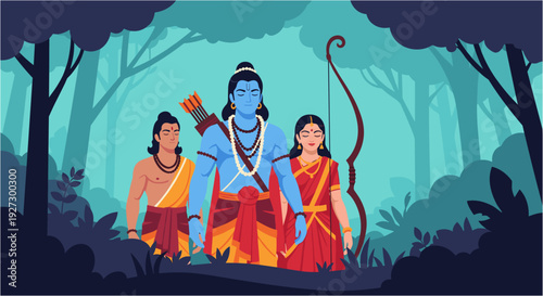 Lord Rama, Sita, and Lakshmana journey through a serene, stylized forest, embodying devotion and ancient Hindu mythology.