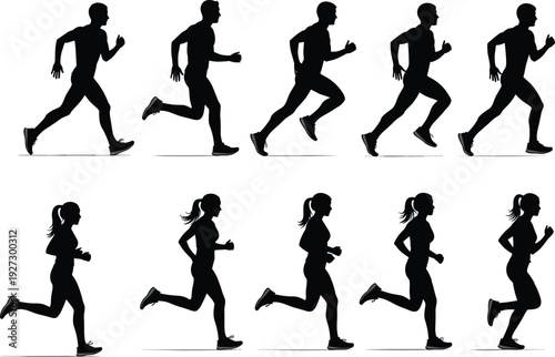 Running men and women silhouette set, athletic jogging and sprint action black vector illustration isolated on white background