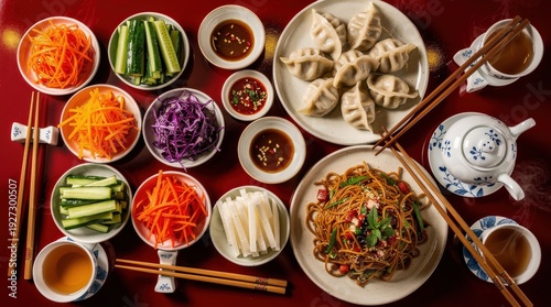Wallpaper Mural A vibrant Asian meal spread featuring dumplings, noodles, fresh vegetables, dipping sauces, and tea on a wooden table with chopsticks. Torontodigital.ca