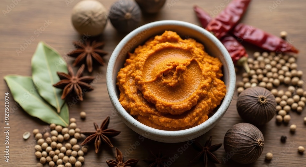 Fototapeta premium Spicy Red Curry Paste in Ceramic Bowl Surrounded by Aromatic Spices