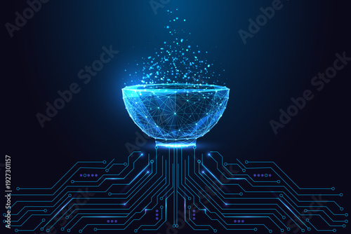 AI Data Bowl over circuit board. Futuristic Digital Cauldron in Tech Mesh Vector Design