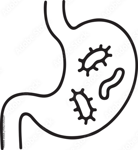 Stomach with gut flora, linear icon, microbiome, digestion and probiotic health. Line with editable stroke.
