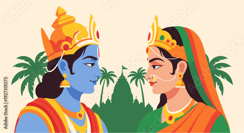 Vibrant illustration depicting the revered Hindu deities Rama and Sita, adorned with traditional crowns and attire, against a backdrop of a temple and palm trees, symbolizing devotion and cultural