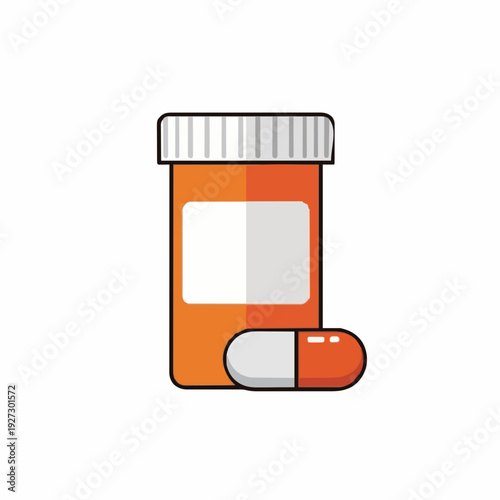 Orange Medicine Bottle With Prescription Label And A Single Capsule In Front On A White Background