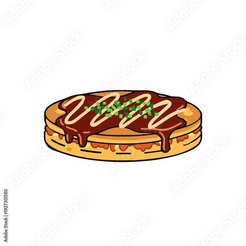 Savory Pancake Dish with Drizzled Sauce and Toppings on White Background
