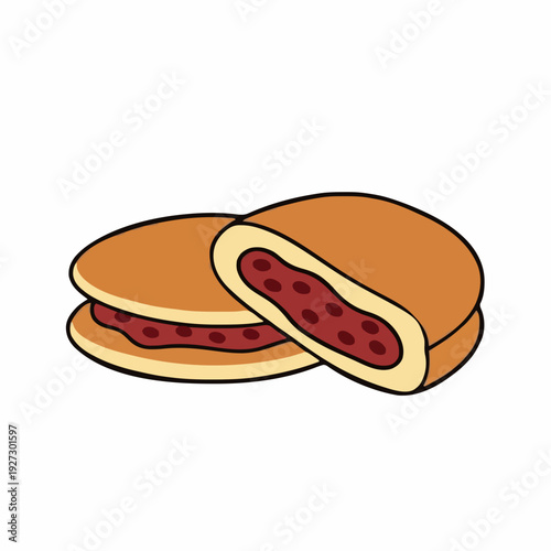Two Round Brown Pancakes Filled With Red Bean Paste Isolated on White Background Simple Food Illustration