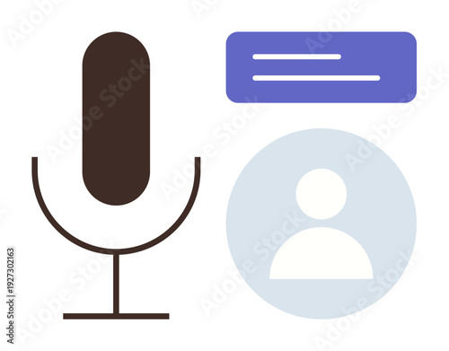 Audio technology, speech-to-text, user interface, digital communication, data processing, virtual assistant. Microphone graphic, user profile symbol and text bubble. Audio technology