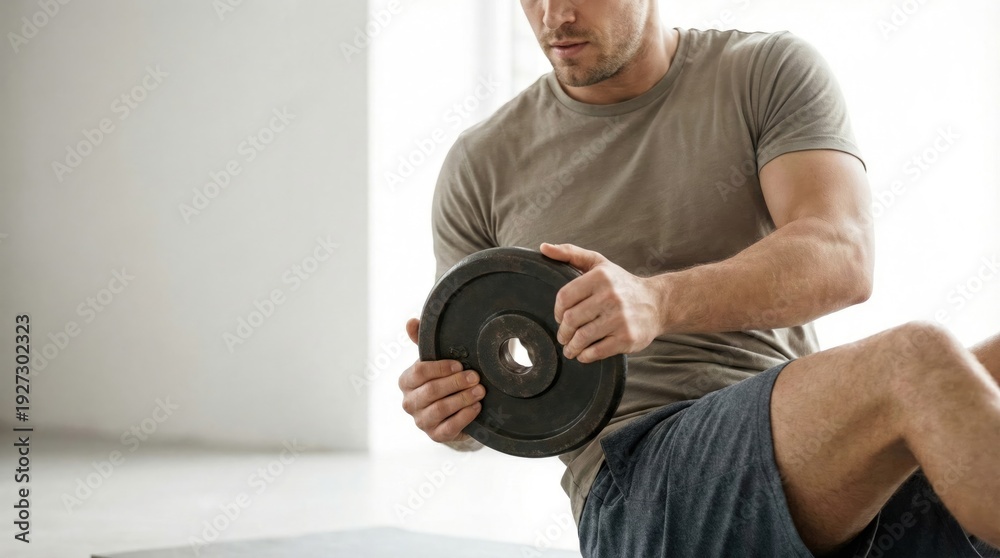 Obraz premium Man doing Russian twist ab exercise with a weight plate on a yoga mat.