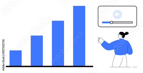 Business analytics, data visualization, growth trends, online education, video tutorials, statistics. Person presenting bar graph with increasing values and a video progress bar. Business analytics