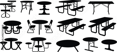 Outdoor picnic tables and park furniture silhouettes collection, round and rectangular bench seating vector icon set