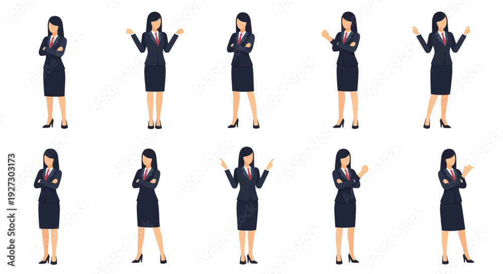 Obraz premium Professional Businesswoman Character Vector Set: Diverse Poses & Gestures for Female Executive Communication