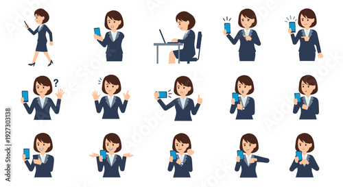 Businesswoman Using Smartphone: Diverse Poses, Emotions, and Actions Collection. Professional Woman Interacting with Mobile Device for Communication and Work
