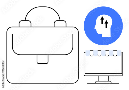 Career development concept. career advancement through a briefcase, growth mindset icon, and computer suggesting professional skills. Perfect for education, business, work, motivation, success