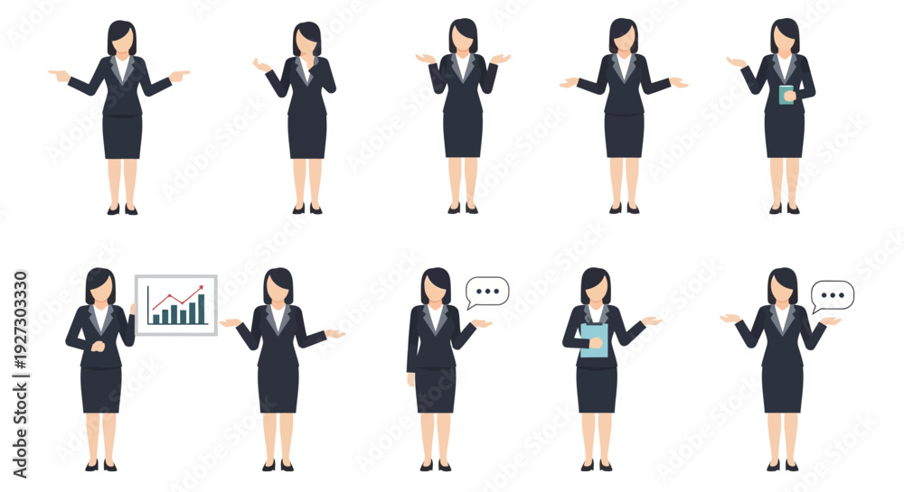 Obraz premium Businesswoman Poses Vector Set. Professional Female Characters for Presentations, Communication & Information.