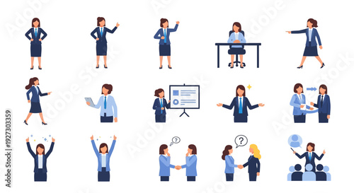 Businesswomen Flat Vector Set: Professional Actions, Corporate Roles, Leadership, Teamwork & Success