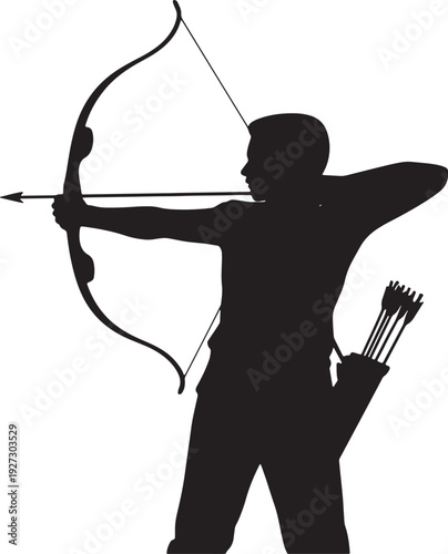 Black silhouette of an archer a bow with an arrow nocked and quiver of arrows archery