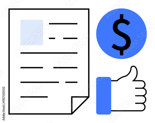 Financial approval concept. A document, dollar symbol, and thumbs up highlight financial approval processes, transactions, and trust. Ideal for banking, investments, loans and financial systems
