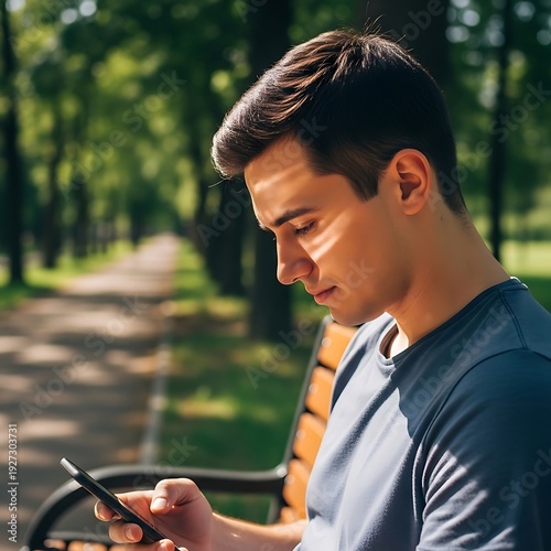 Young Man Relaxing on a Park Bench and Using His Smartphone on a Sunny Day, Enjoying Nature and Digital Connection Outdoors