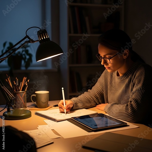 Focused Young Woman Studying or Working Late at Night in a Cozy Home Office, Writing with Stylus on Tablet and Notebook under a Warm Desk Lamp Light
