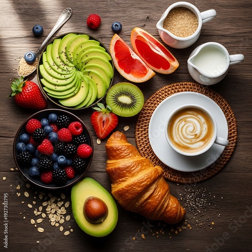 Delicious and Healthy Breakfast Spread with Fresh Fruit, Avocado, Croissant, and Coffee on a Rustic Wooden Table, Top View