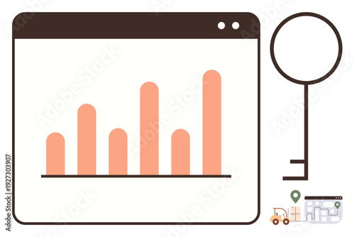 Business analytics, data security, logistics planning, delivery services, data-driven strategies, navigation. A bar graph in a browser, key icon map and delivery truck. Business analytics and data