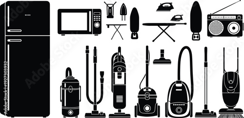 Household appliances cleaning equipment silhouettes illustration vector domestic home utility tools graphics, lifestyle design concept, black and white creative art collection