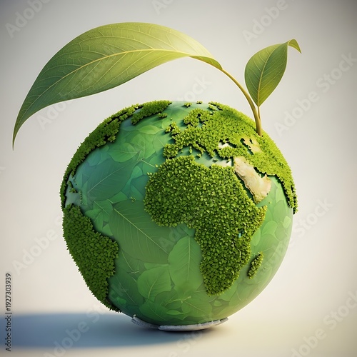 Vibrant Green Earth Globe with Growing Leaves and Lush Moss Texture Symbolizing Environmental Protection, Sustainability, Ecology, and Global Nature Conservation.