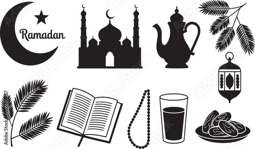 Islamic Ramadan symbols crescent moon mosque teapot dates prayer beads open book and lantern