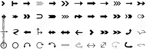 Assortment of modern and classic arrow symbols in a vector format, featuring diverse shapes like pointers, curves, double-headed, and circular arrows for design projects.