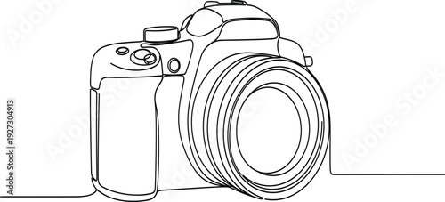 Continuous line drawing of DSLR camera with detailed lens, minimalist photography equipment outline illustration for creative studio branding and modern media design