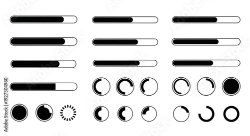 Set of loading bars and circular progress indicators in black and white, ideal for web design and user interface elements.