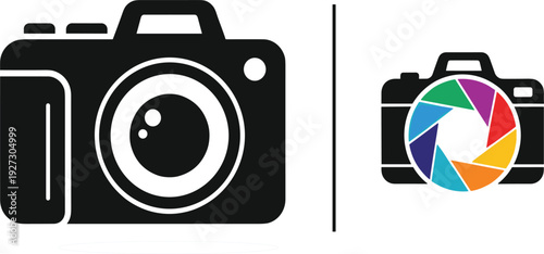 Camera icon comparison with shutter aperture symbol, modern photography logo and technology concept illustration for creative media, studio branding and digital design
